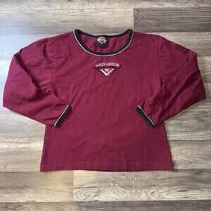 Harley Davidson Women’s Medium Red Long Sleeve Shirt Y2K Embroidered Biker cali